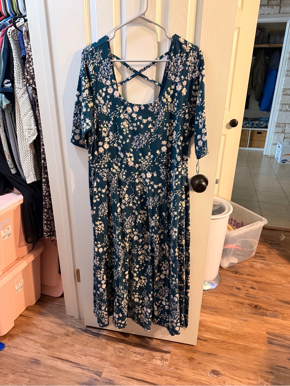 Pact Teal Floral Midi Dress with Crisscross Back